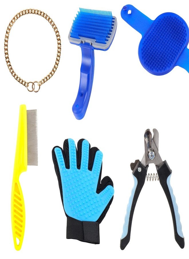 REGIIS Dog Grooming Kit with Nail Clipper, Self-Cleaning Slicker Brush, Deshedding Glove, Flea Comb, Bath Brush, 6-Piece Pet Care Set - Image 1